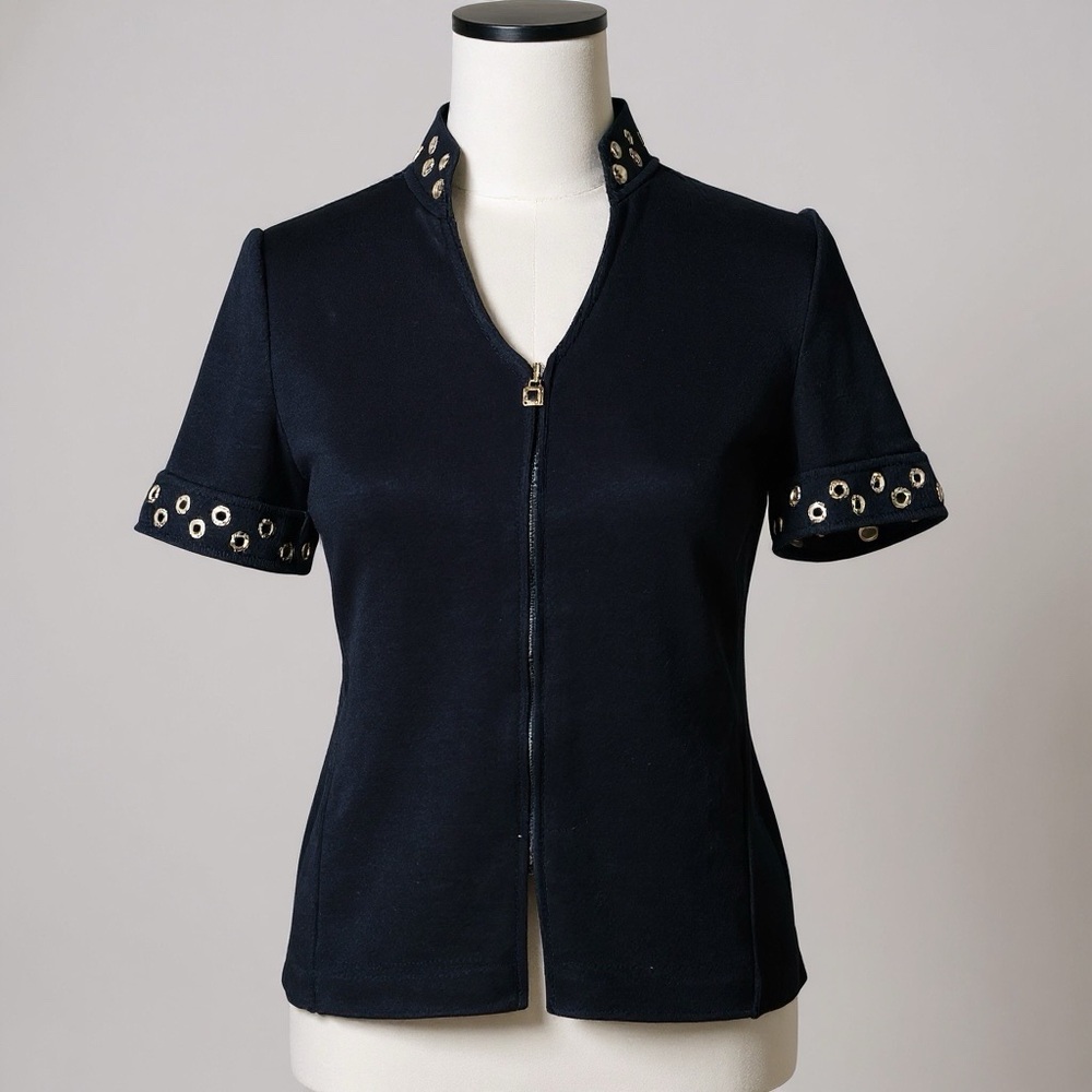 St. John Dark Blue Short Sleeve Top with Metallic Details Sz 2